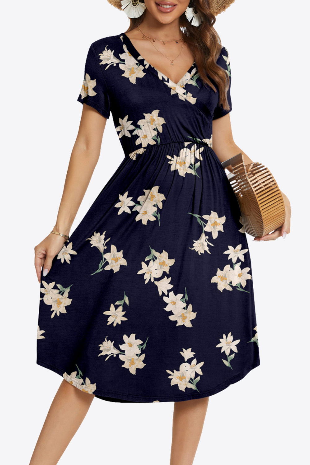 Printed Surplice Neck Short Sleeve Dress with Pockets