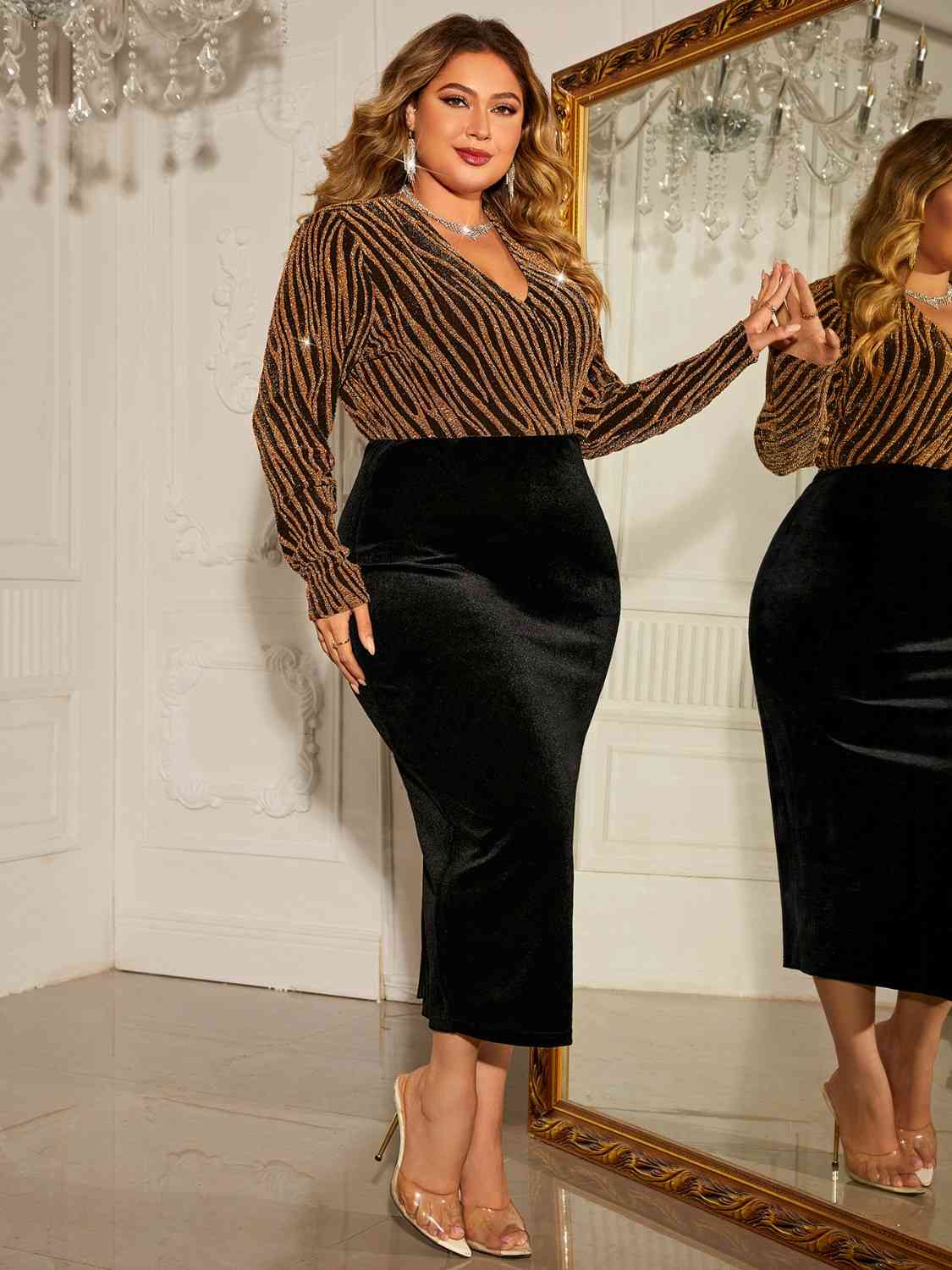 Plus Size Tiger Vibes V-Neck Long Sleeve Slit Dress