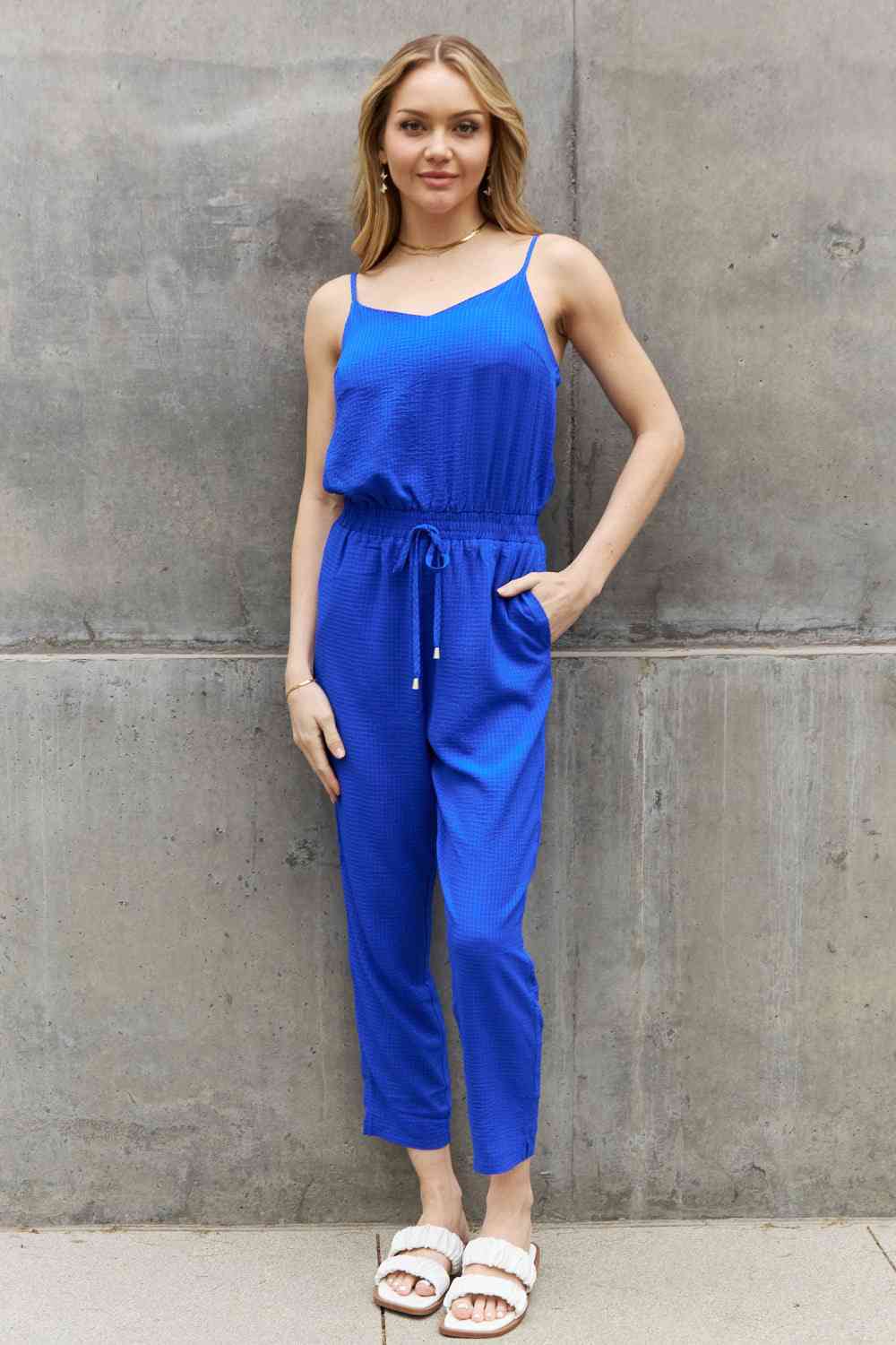 Royal Blue Textured Woven Jumpsuit (Regular/Full Sizes)