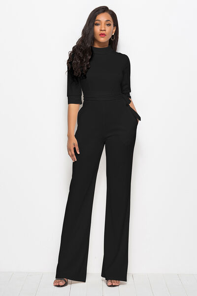 Mock Neck Tie-Waist Half Sleeve Jumpsuit (7 Variants)