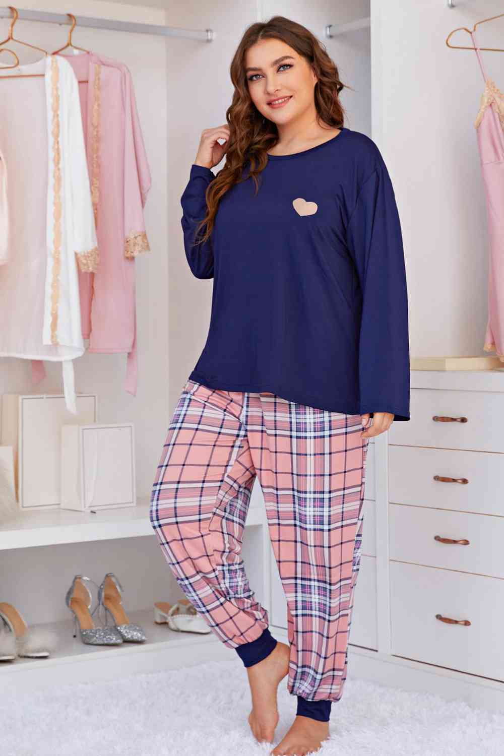 Plus Size Heart Top and Plaid Joggers Lounge Set