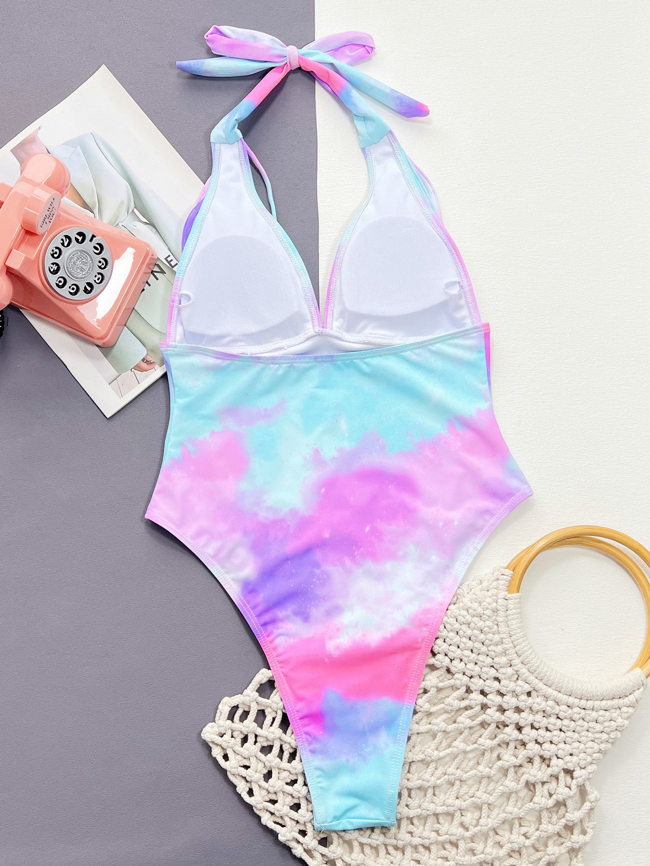 Tropical Sunset Tie-Dye Halter One-Piece Swimsuit