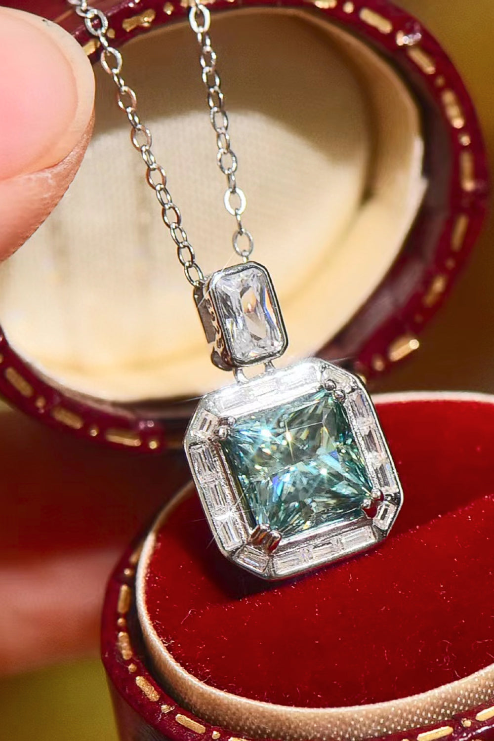 2 Carat Moissanite Square Teal Pendant Necklace