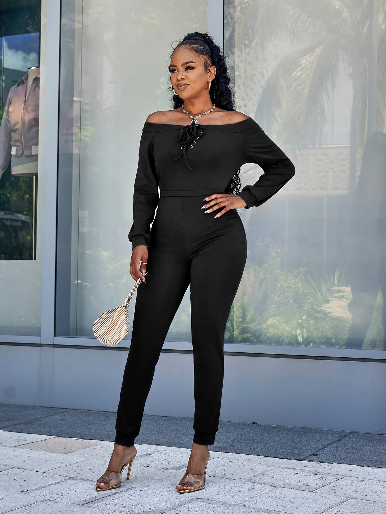 Lace-Up Off-Shoulder Long Sleeve Jumpsuit (3 Variants)