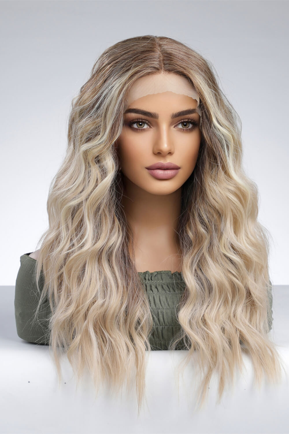 24" Light Brown/Blonde Ombre Lace Front Synthetic Long Waves Wig