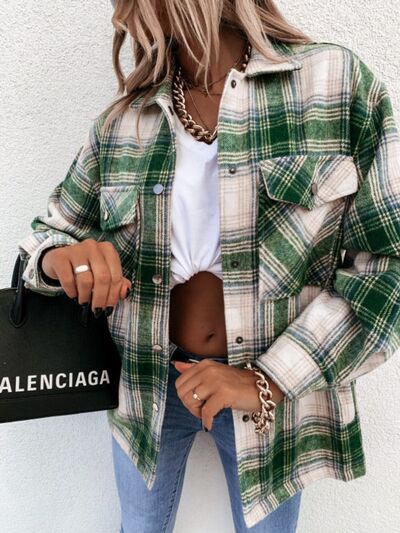 Pocketed Plaid Snap Down Dropped Shoulder Jacket