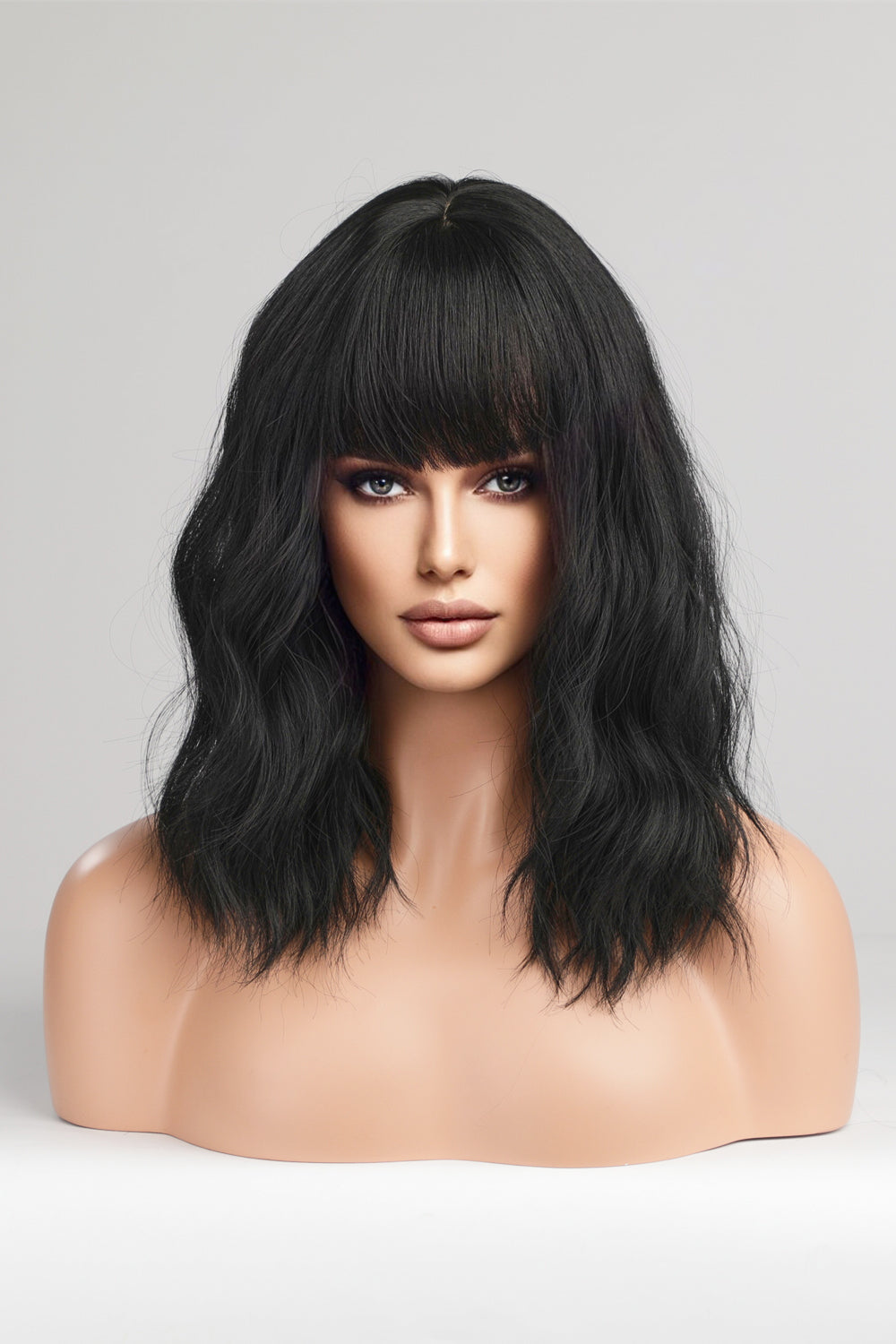 12" Black Mid-Length Wavey Synthetic Wig With Bangs