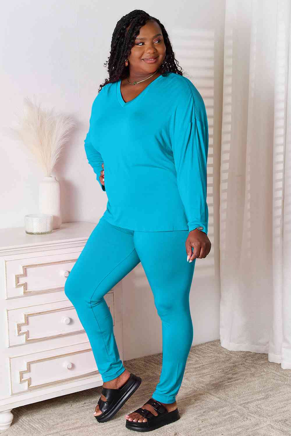 Full Size V-Neck Soft Rayon Long Sleeve Lounge Set