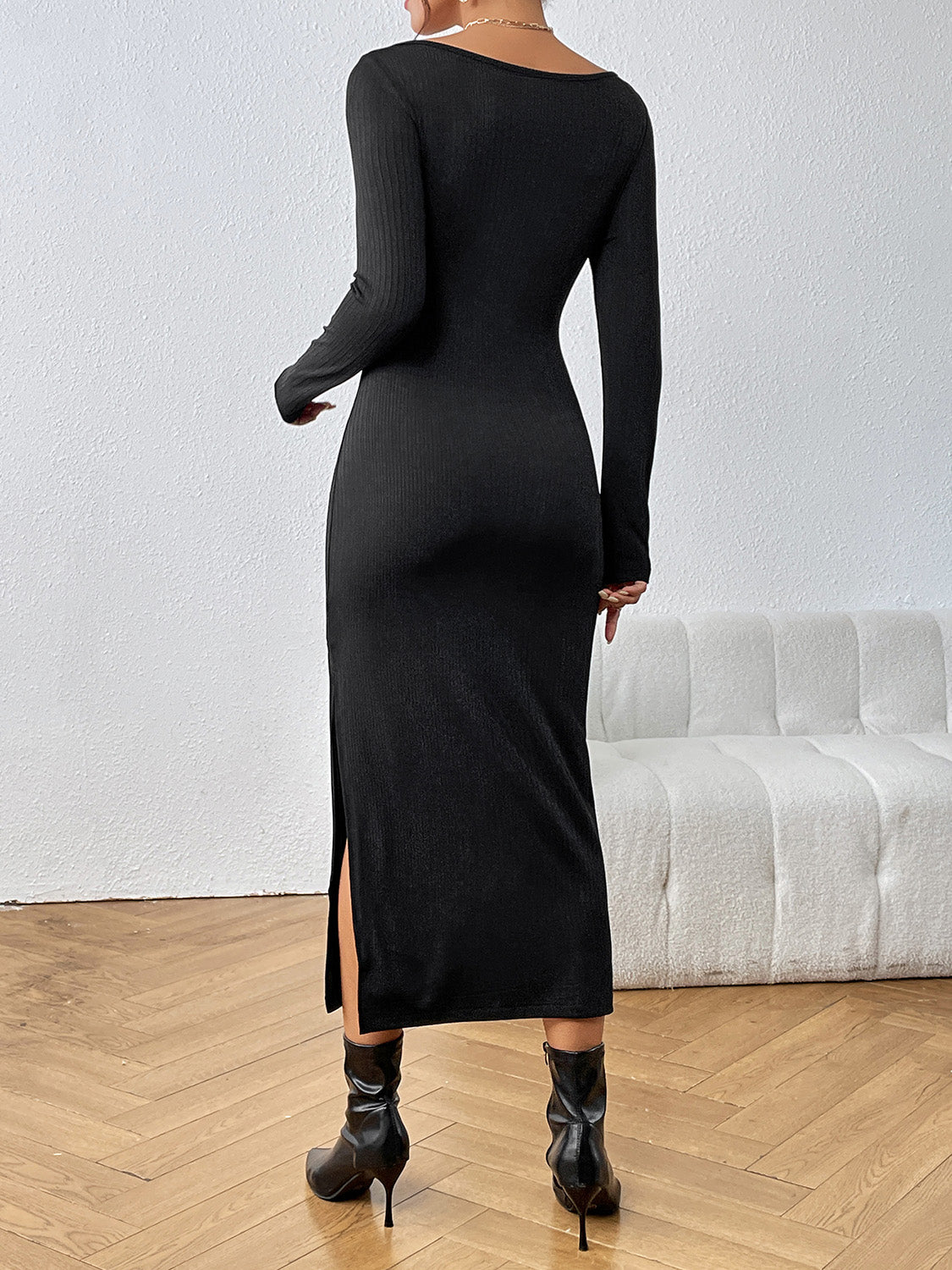 Long Sleeve Tie Front Cutout Slit Dress