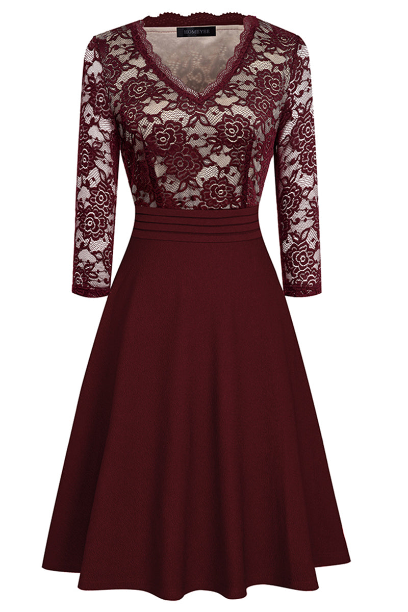 V-Neck Lace Detail Knee-Length Dress (9 Variants)