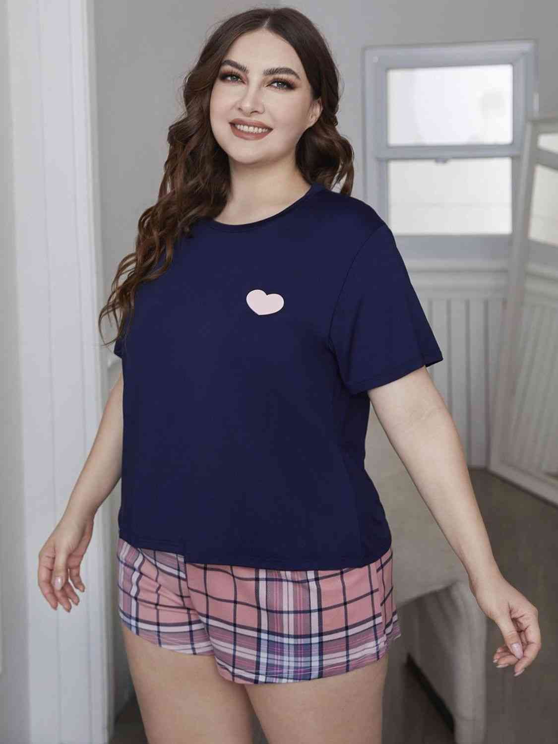 Plus Size Heart Top and Plaid Shorts Loungewear Set