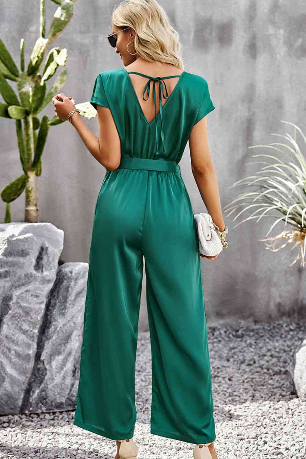 Tie Belt V-Neck Short Sleeve Jumpsuit (3 Variants)