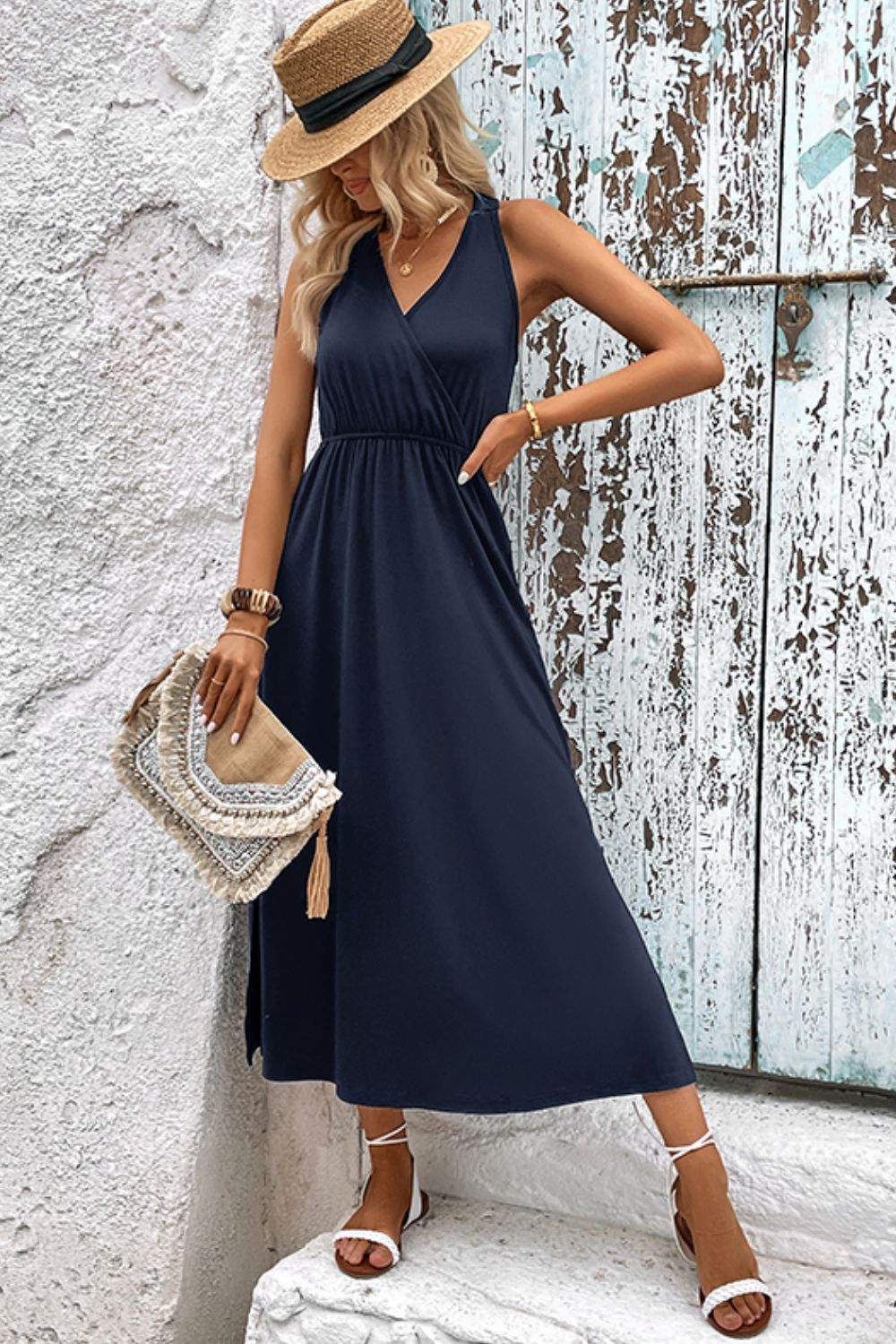 Surplice Neck Slit Sleeveless Dress (2 Variants)