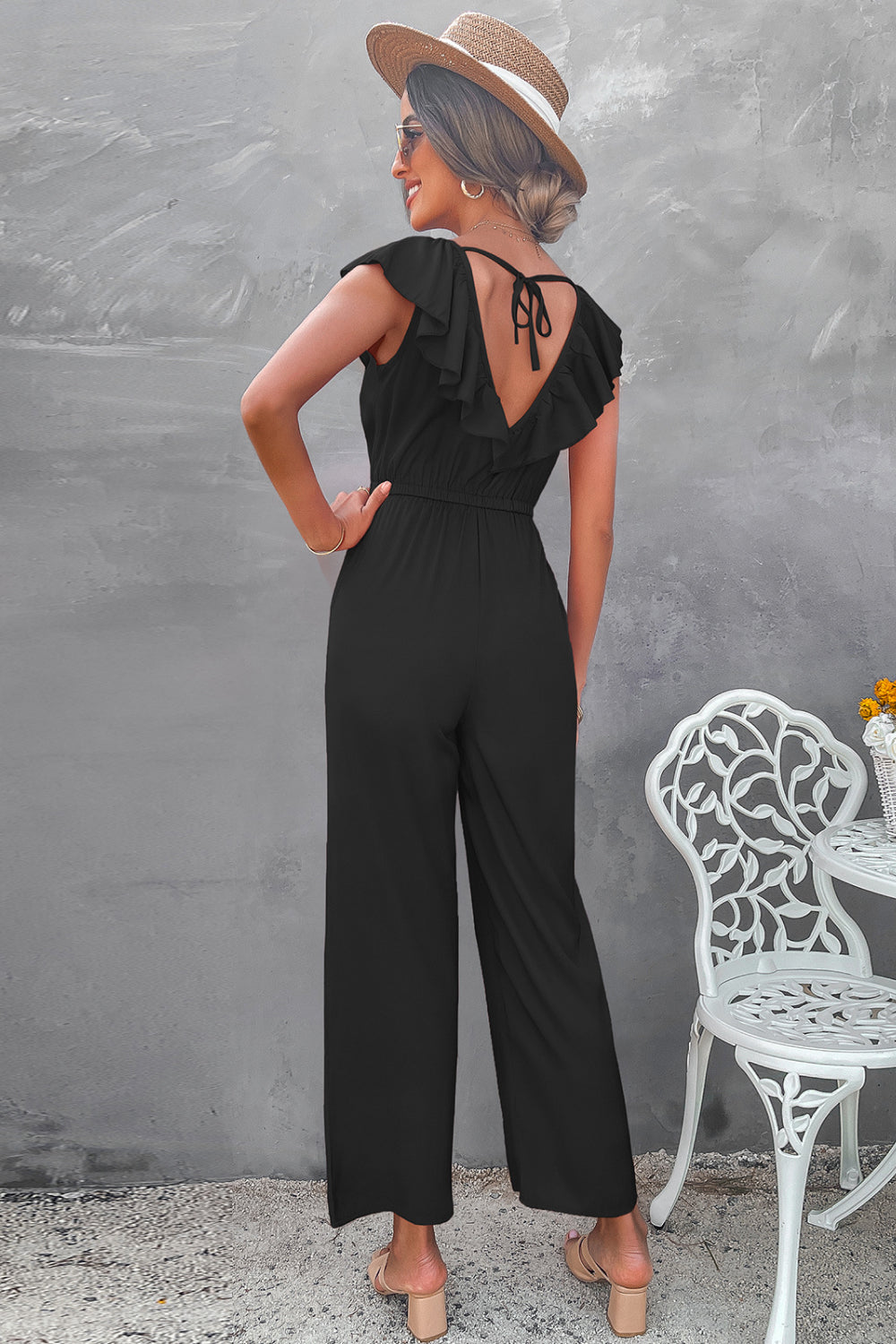 Ruffle Trim Tie-Back Wide Leg Jumpsuit