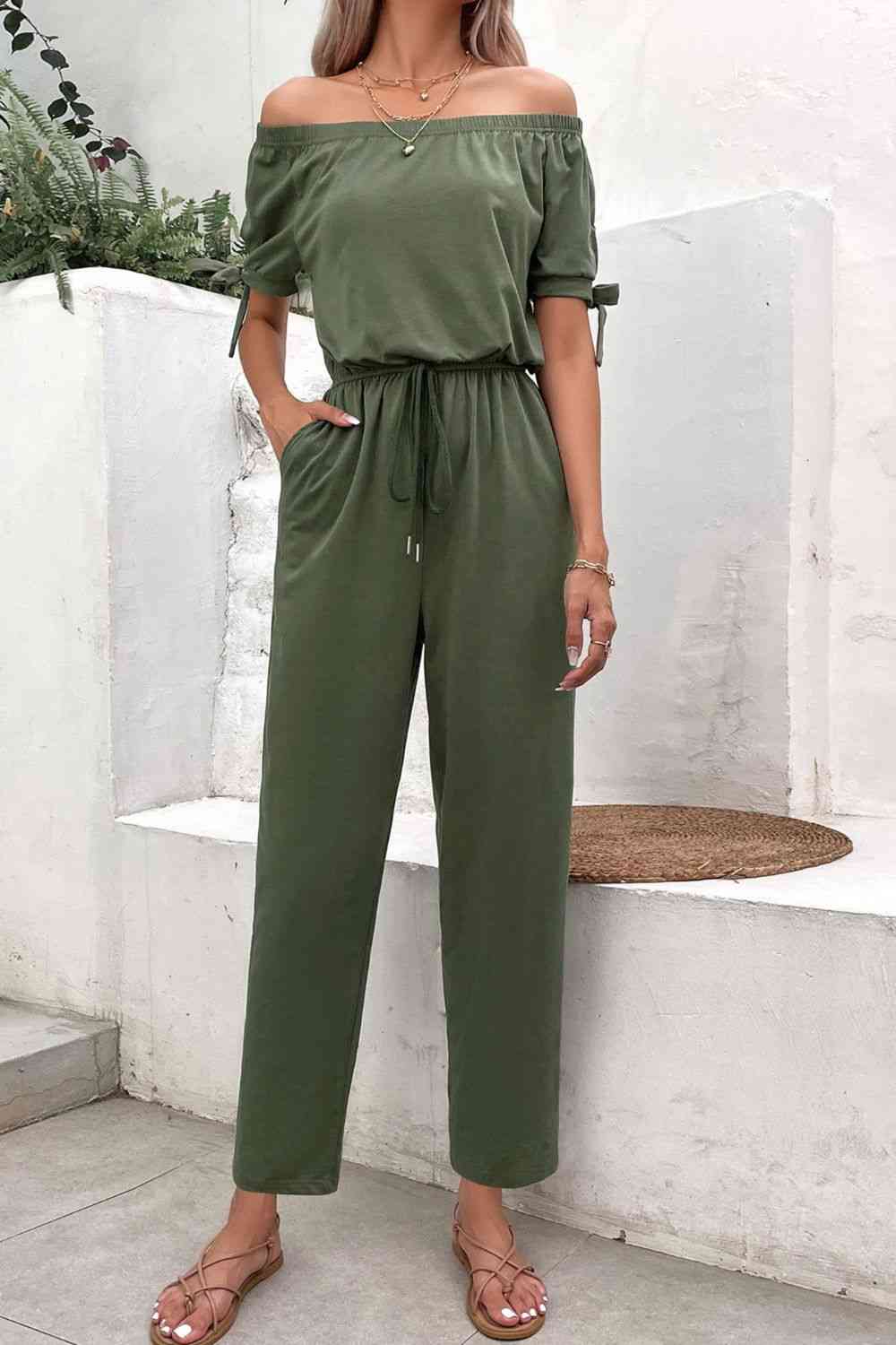 Off-Shoulder Tie Cuff Jumpsuit with Pockets (3 Variants)