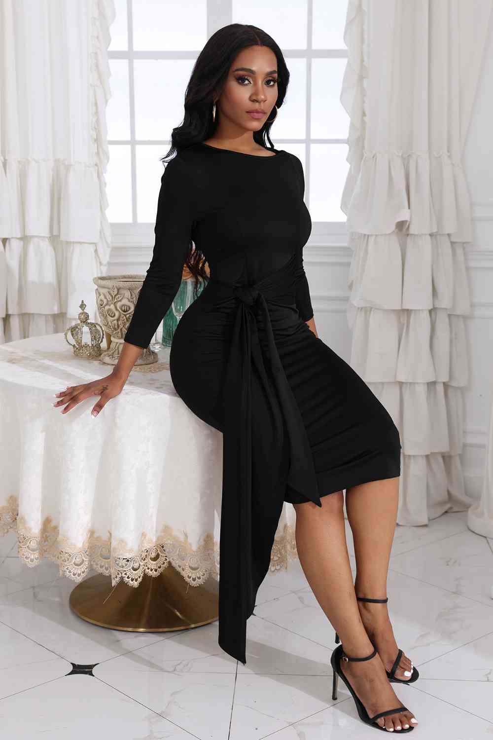 Tie Detail Round Neck Midi Dress (3 Variants)