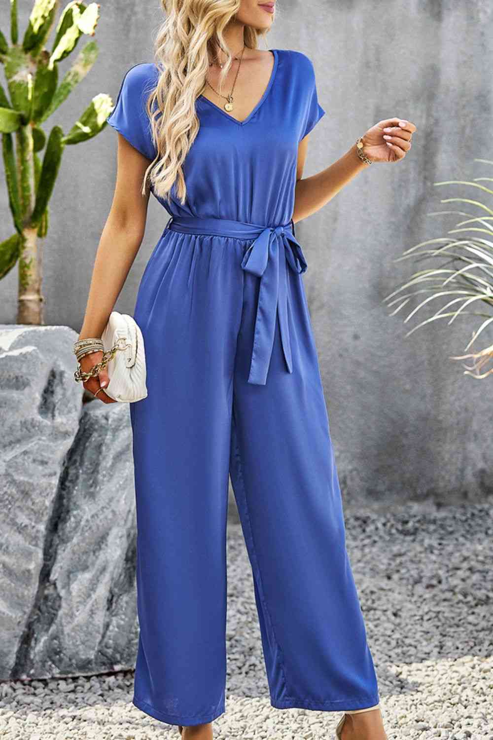 Tie Belt V-Neck Short Sleeve Jumpsuit (3 Variants)