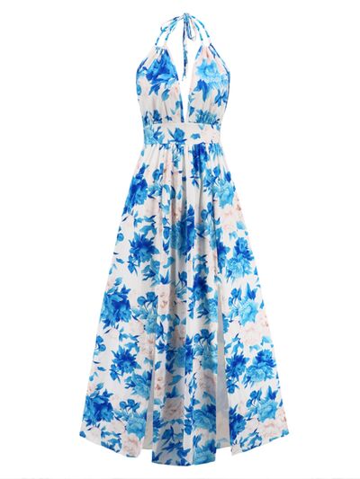 Slit Backless Printed Halter Neck Dress (2 Variants)