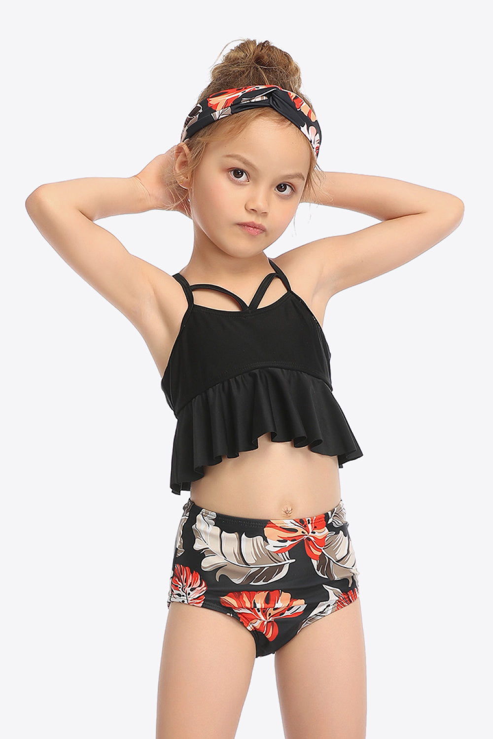 Girls Botanical Print Crisscross Ruffled Two-Piece Swim Set