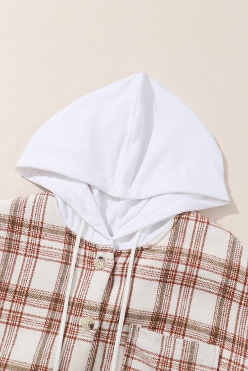 Plaid Drawstring Button Up Long Sleeve Hooded Jacket