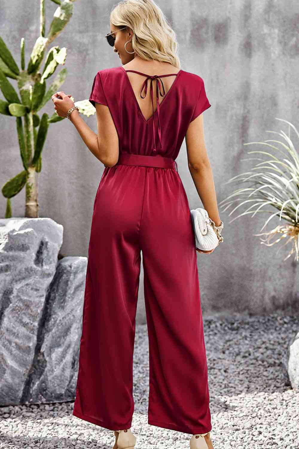 Tie Belt V-Neck Short Sleeve Jumpsuit (3 Variants)