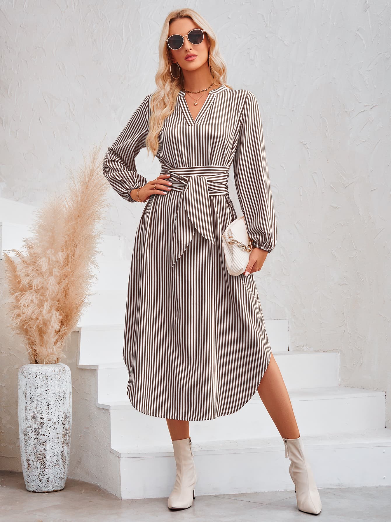 Striped Notched Neck Curved Hem Long Sleeve Dress (3 Variants)