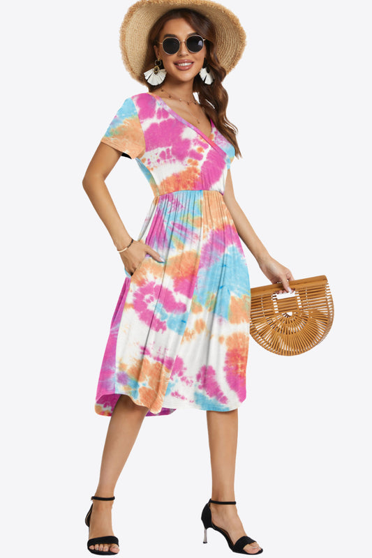 Printed Surplice Neck Short Sleeve Dress with Pockets