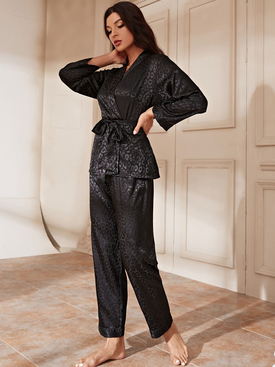 Black Tie Waist Long Sleeve Pajama Set