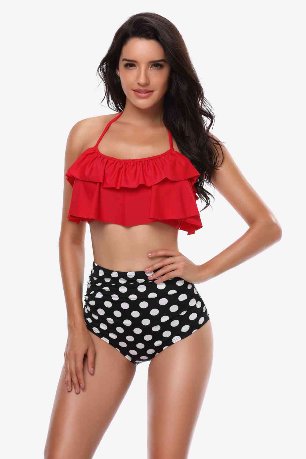 Two-Tone Ruffled Halter Neck Two-Piece Swimsuit (12 Variants)