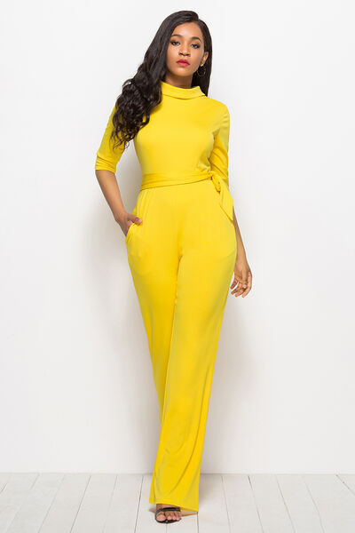 Mock Neck Tie-Waist Half Sleeve Jumpsuit (7 Variants)