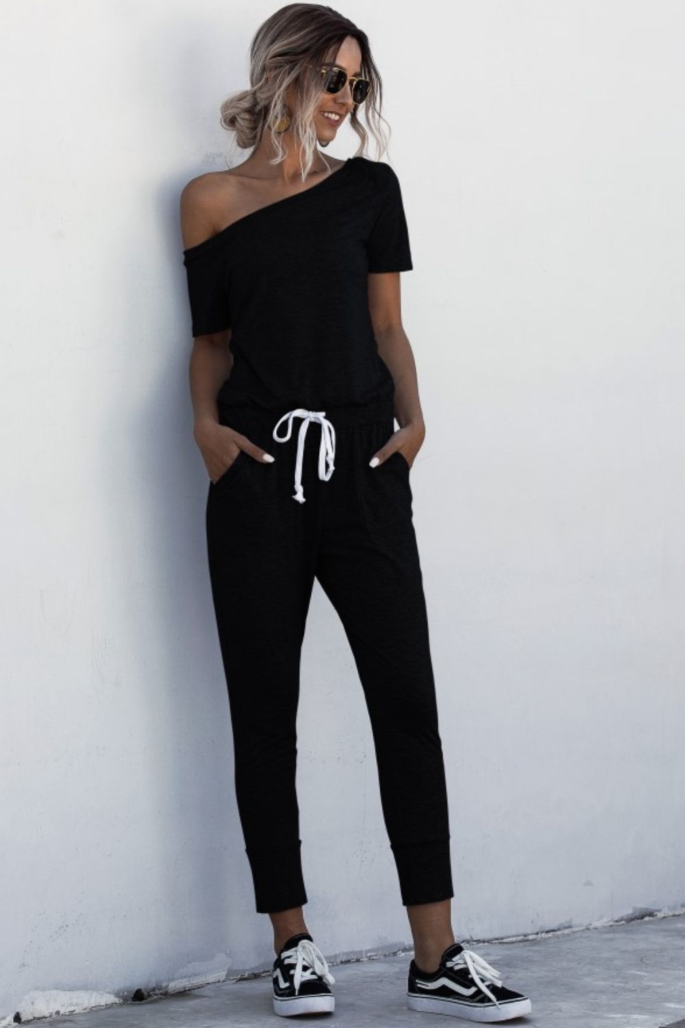 Asymmetrical Neck Tied Jumpsuit with Pockets (4 Variants)