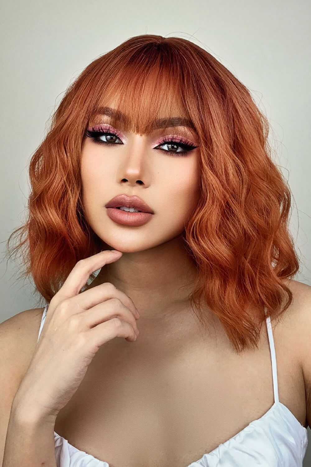 12" Pink / Copper Beach Wave Synthetic Wig With Bangs