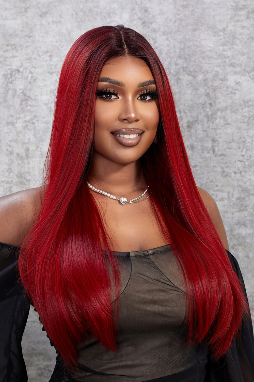 24" Cherry Red/Dark Root Blend Straight Synthetic Lace Front Wig