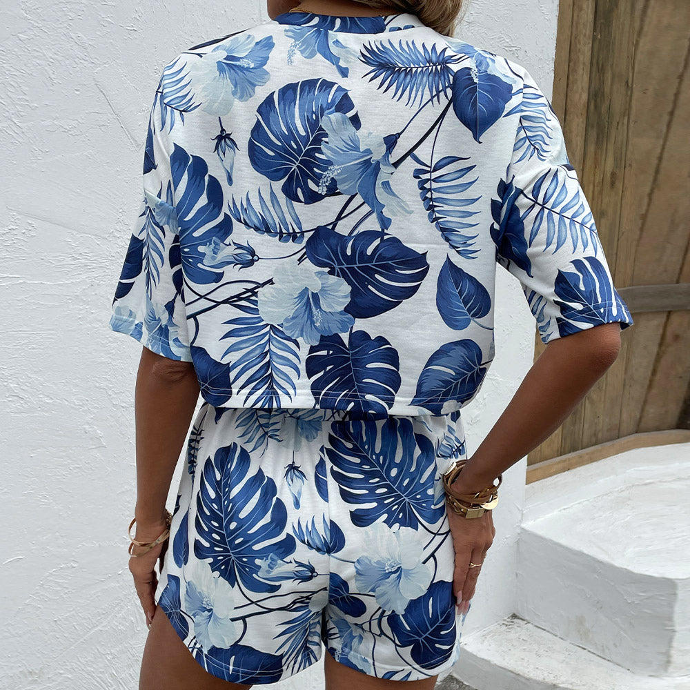 Blue Floral Print Shirt & Shorts Set