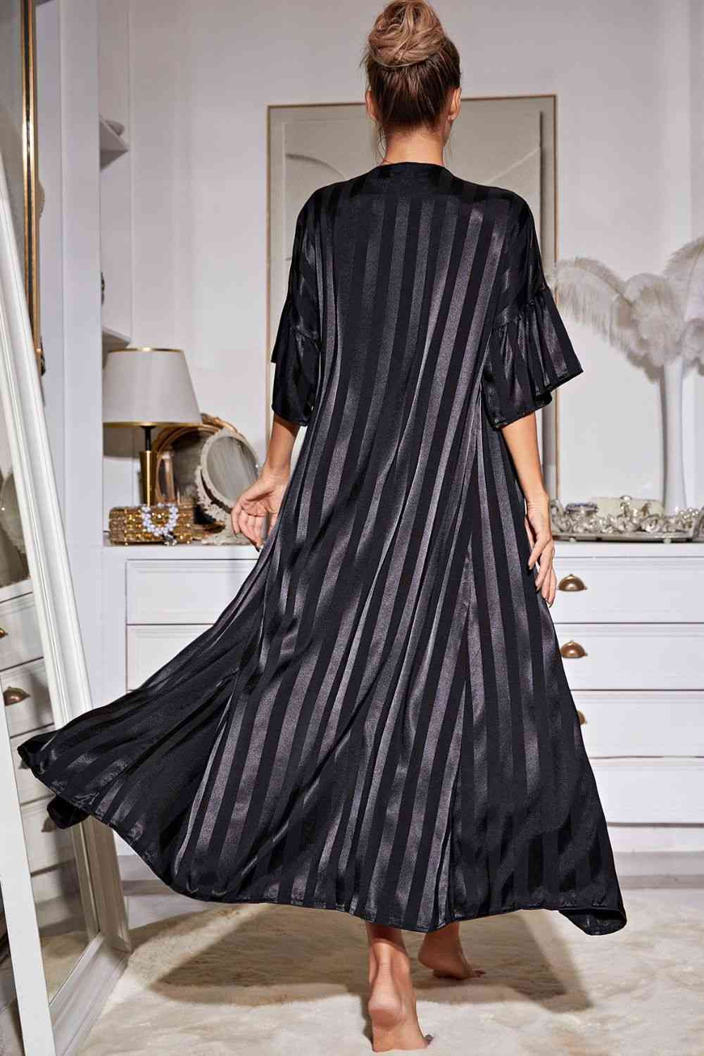 Striped Open Front Robe and Cami Night Gown Set