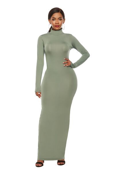 Long Sleeve Turtle Neck Body Con Maxi Dress (8 Variants)