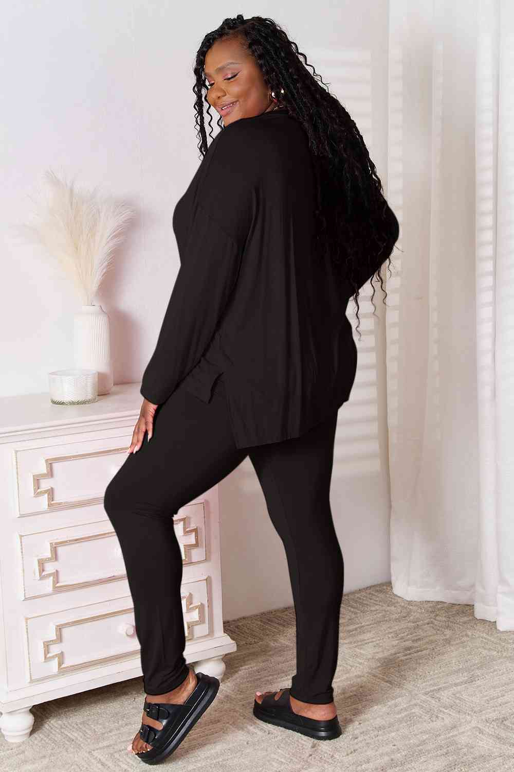 Full Size V-Neck Soft Rayon Long Sleeve Lounge Set