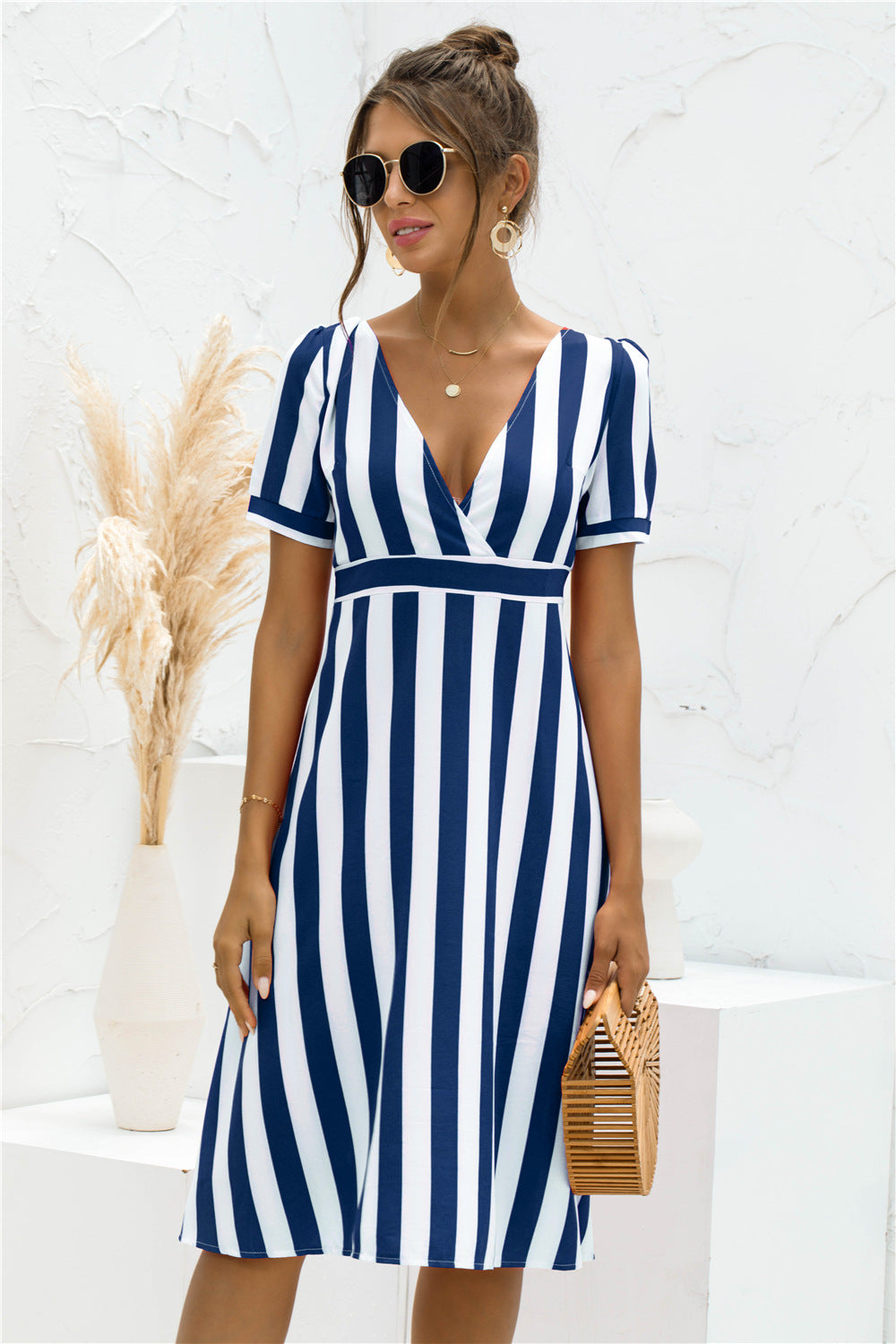 Striped Surplice Front A-line Dress