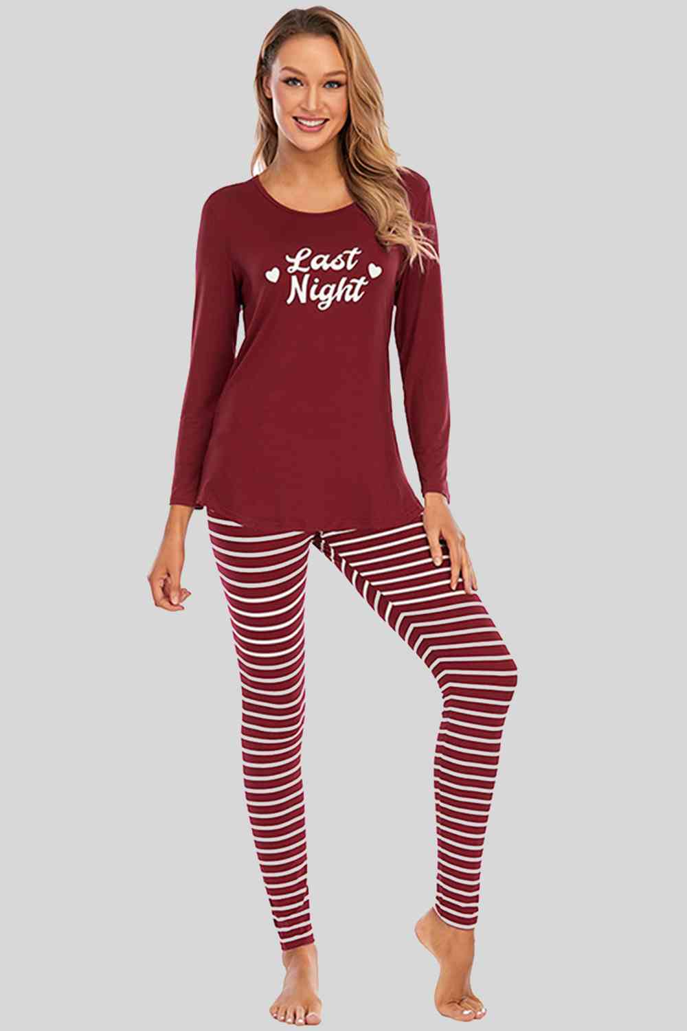 Round Neck Top and Striped Lounge PJ Set