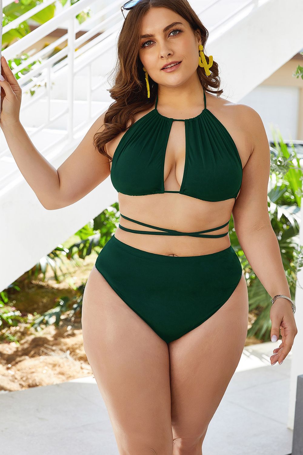 Plus Size Cutout Tied Backless Bikini Set (4 Variants)