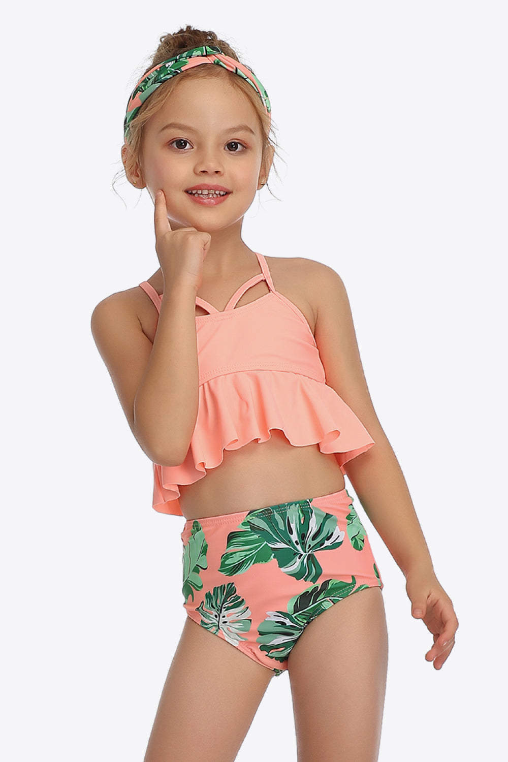 Girls Botanical Print Crisscross Ruffled Two-Piece Swim Set