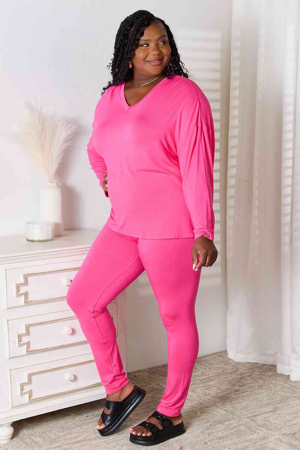 Full Size V-Neck Soft Rayon Long Sleeve Lounge Set