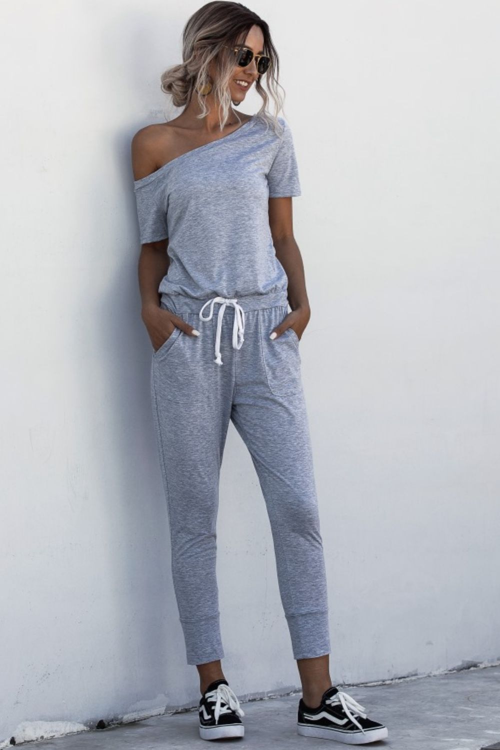 Asymmetrical Neck Tied Jumpsuit with Pockets (4 Variants)