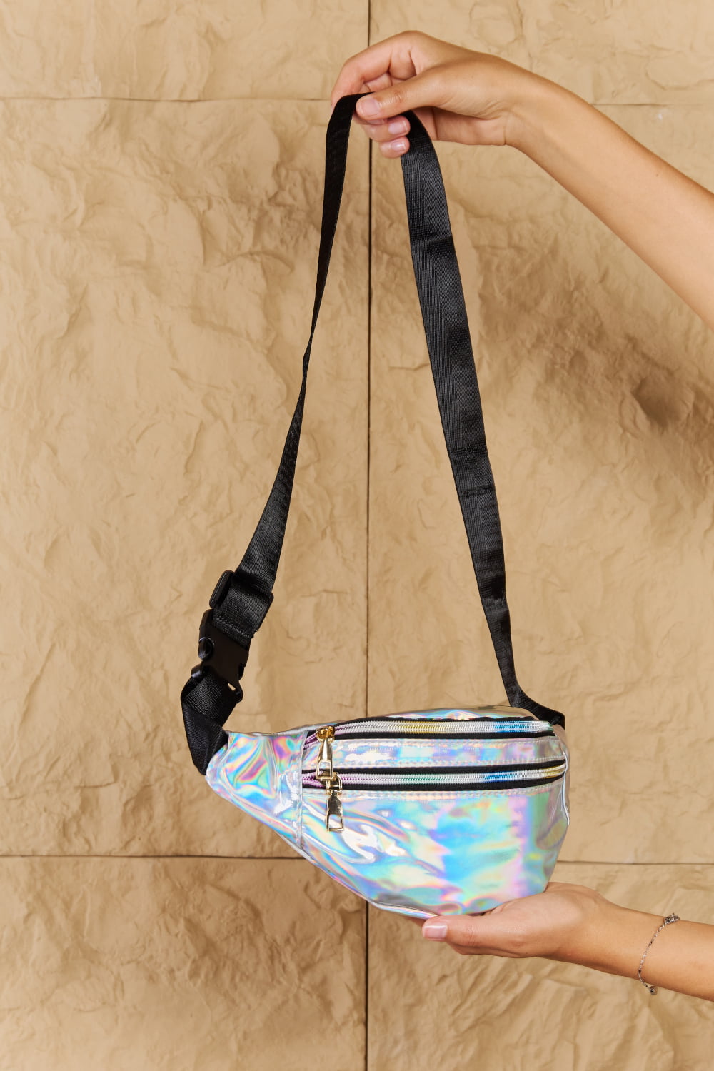 Iridescent Double Zipper Fanny Pack in Silver