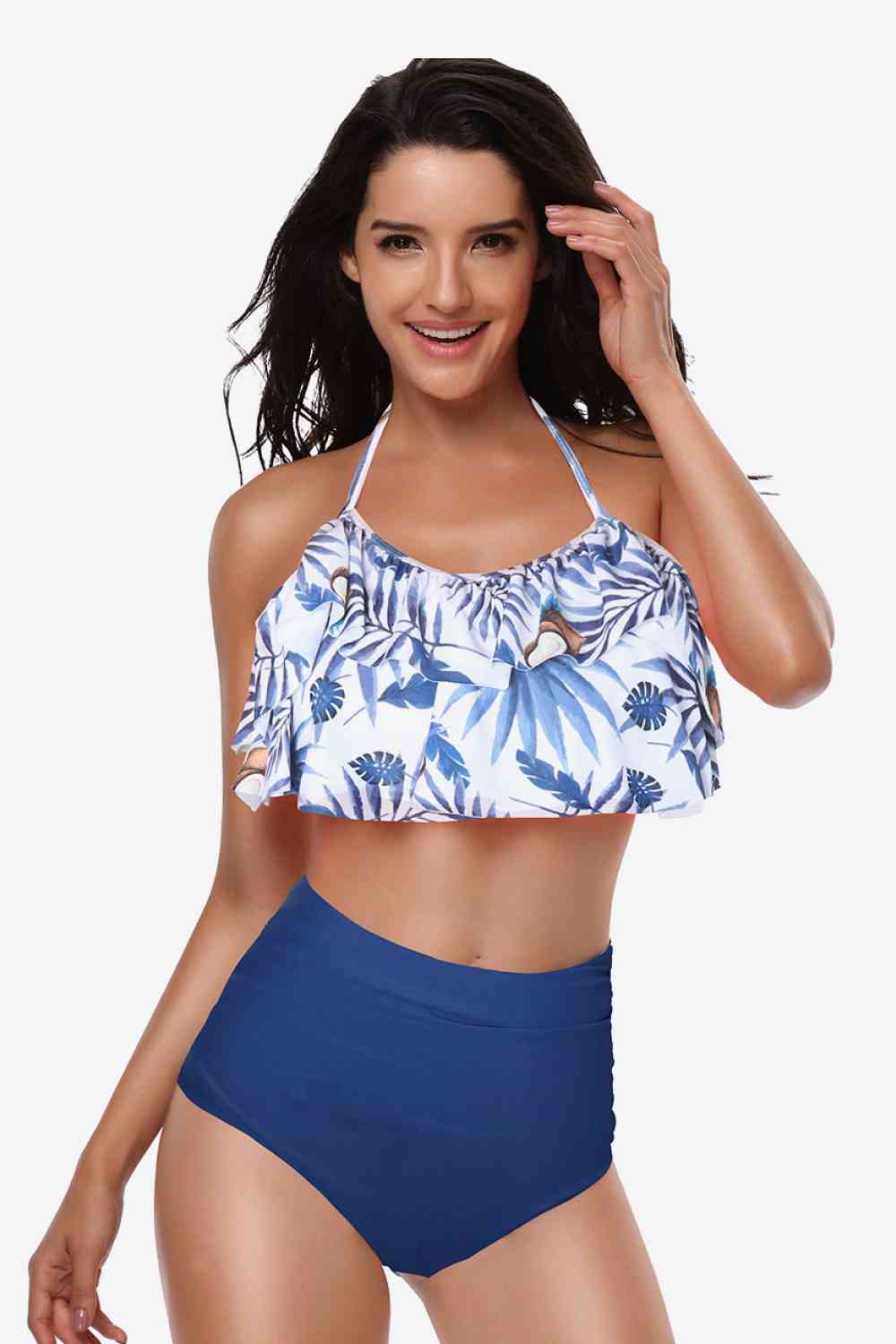 Two-Tone Ruffled Halter Neck Two-Piece Swimsuit (12 Variants)