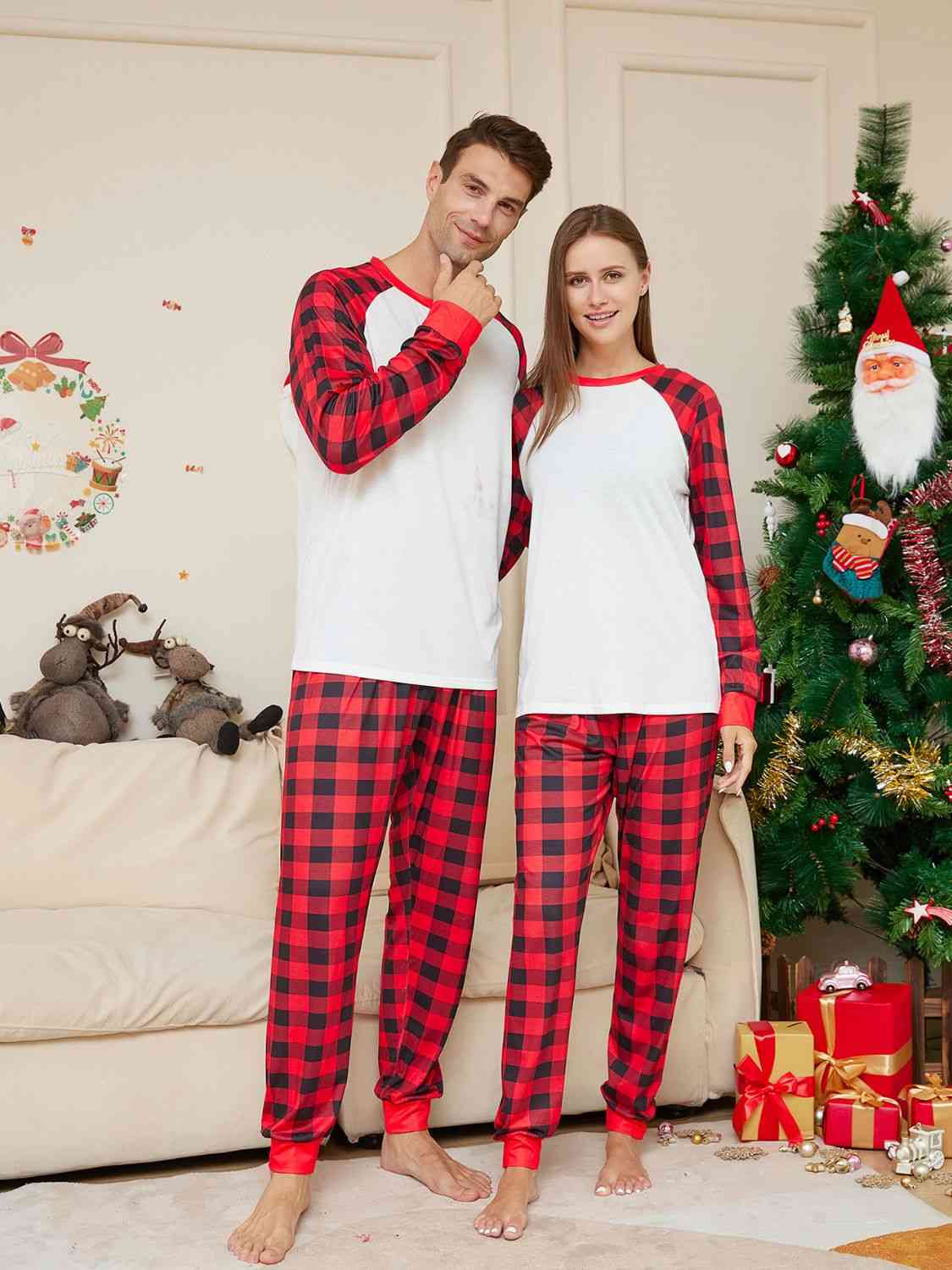 Matching Men's White/Red/Black Full Size Plaid Pajama Set