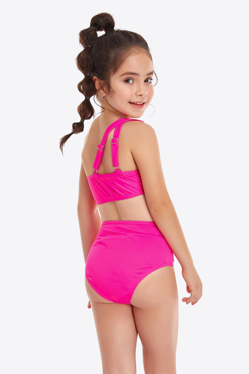 Girls Ruffled One-Shoulder Buckle Detail Two-Piece Swim Set