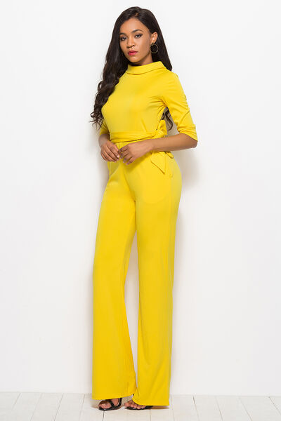 Mock Neck Tie-Waist Half Sleeve Jumpsuit (7 Variants)