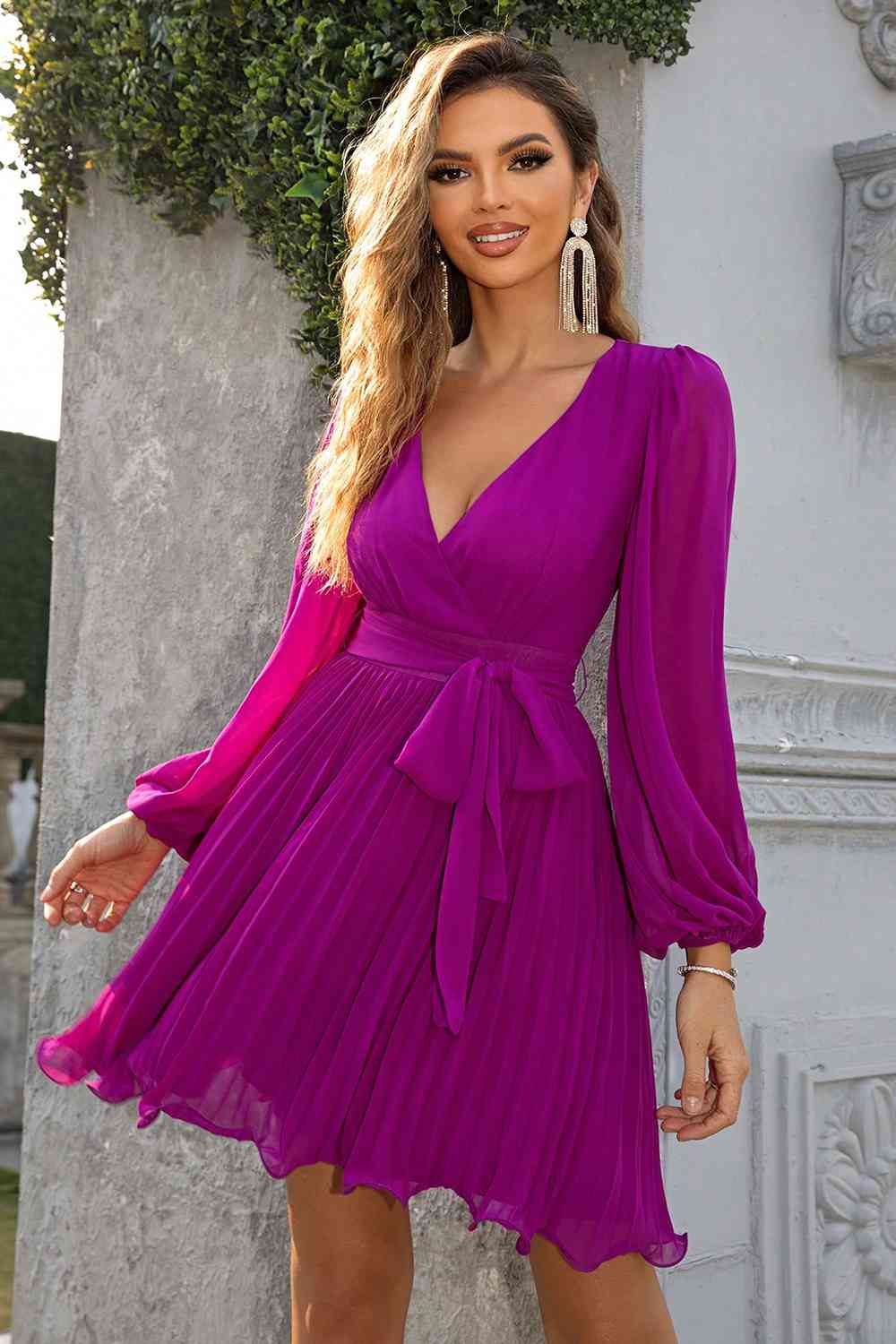 Fuchsia Give-It-A-Whirl Tied Front Accordion Dress