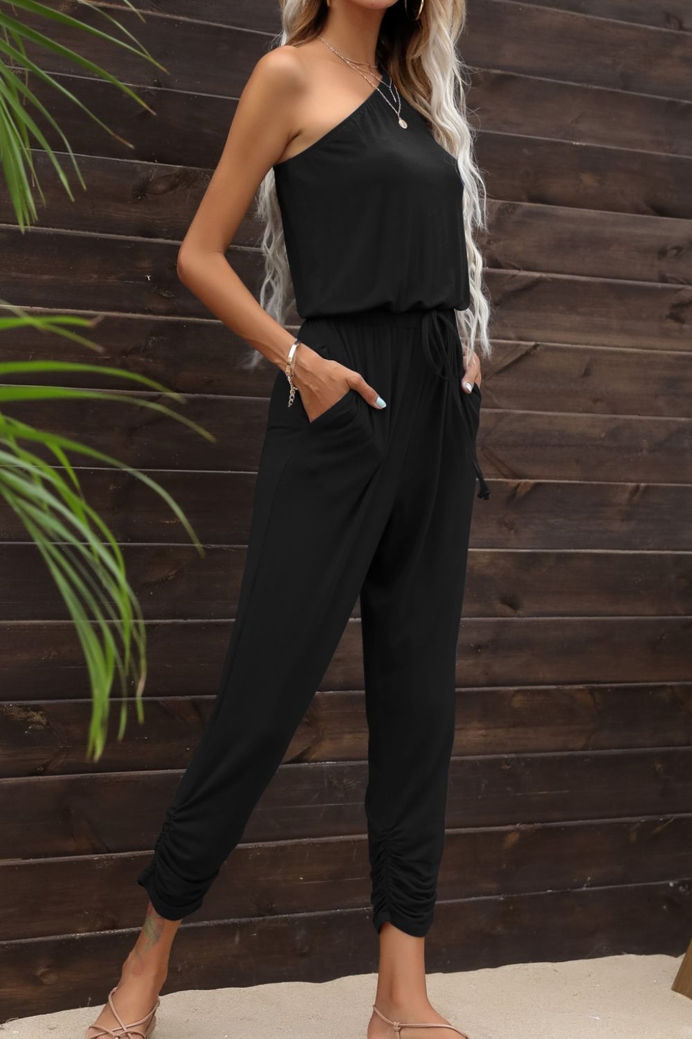 Drawstring Waist One-Shoulder Jumpsuit with Pockets (3 Variants)